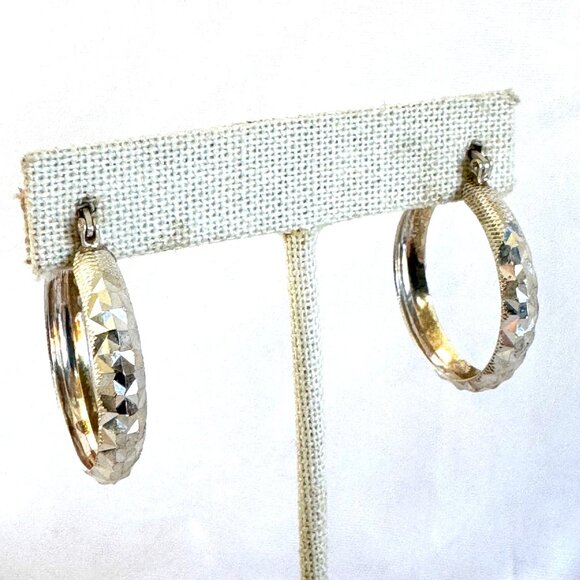 Sterling Silver 925 Geometric Texture Hoop Earrings Hinged Posts 1.25'' Length - Picture 3 of 10